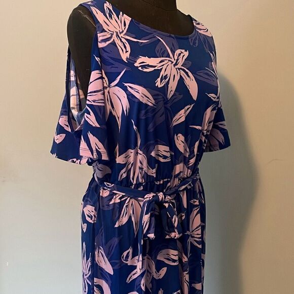 NWT Jaclyn Smith Womens Floral Cold Shoulder Dress Blue - Picture 7 of 9